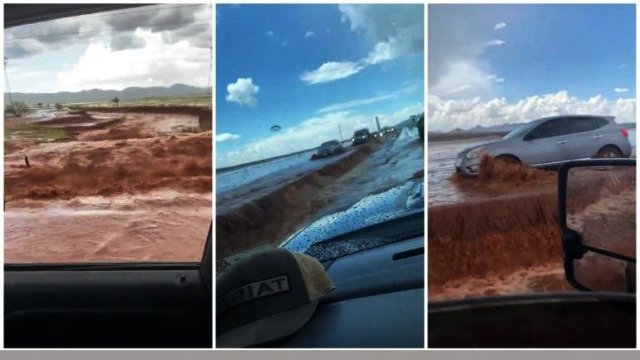 Inundación convierte tramo de la carretera a Cuauhtémoc ¡en arroyo!